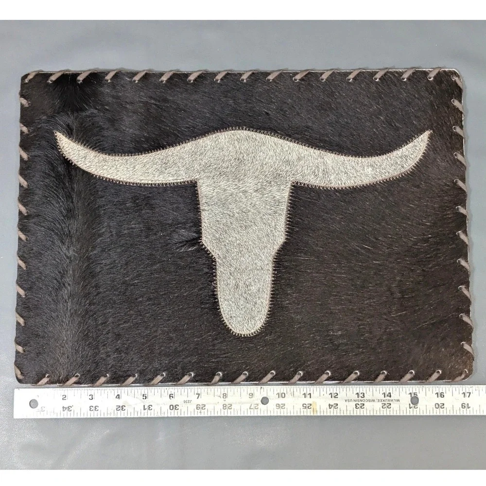 Western Cowhide Placemat Longhorn Inlay Whipstitch Dark Brown 16.5x11.5
